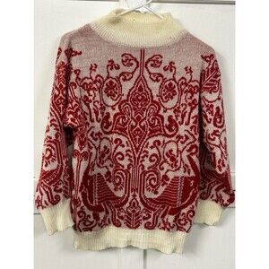 Vintage Red and White Jacquard Knit Sweater with‎ Scandinavian Design Women's M